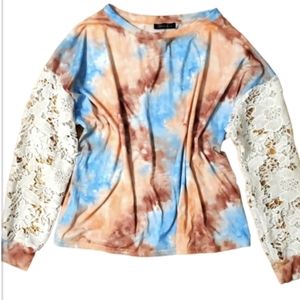 Sucrefas Womans Tie Dye Lace Long Sleeve Sweatshirt Shirt‎ Size XL